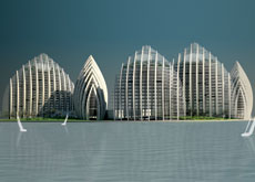 The buildings are designed to appear as boats The buildings are designed to appear as boats