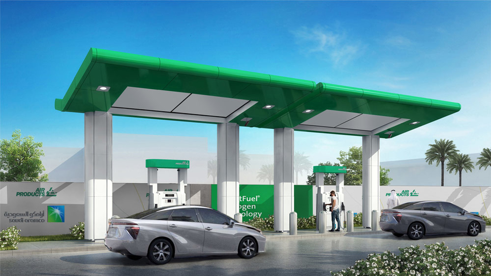 A rendering of the hydrogen station for electric cars that Saudi Aramco and Air Products plan to build in Dhahran. A rendering of the hydrogen station for electric cars that Saudi Aramco and Air Products plan to build in Dhahran.