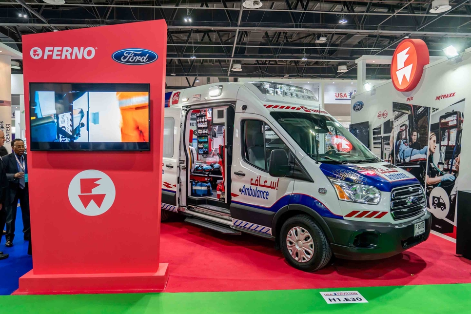 Ford's Transit 350 van, here seen at Arab Health 2019, was modified for the Dubai 10X initiative. Ford's Transit 350 van, here seen at Arab Health 2019, was modified for the Dubai 10X initiative.