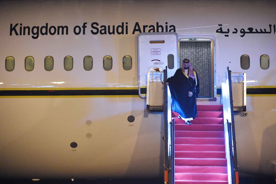 Saudi Arabia's Crown Prince seen deplaning in Inda to be received by PM Narendra Modi. Saudi Arabia's Crown Prince seen deplaning in Inda to be received by PM Narendra Modi.