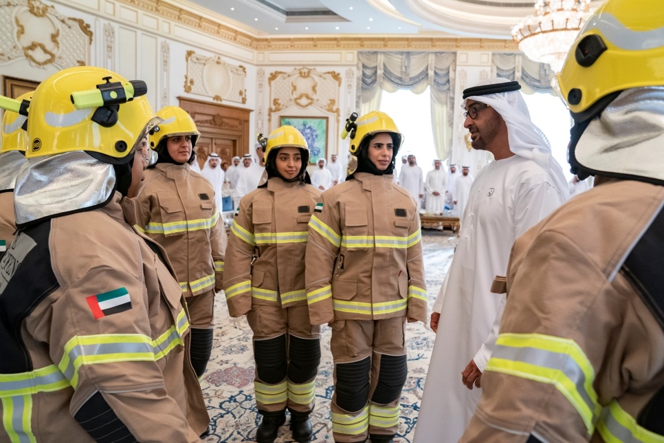 The Crown Prince of Abu Dhabi met the UAE's first Emirati firefighters. The Crown Prince of Abu Dhabi met the UAE's first Emirati firefighters.