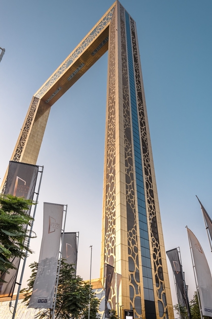 Dubai Frame stands 150m tall. Dubai Frame stands 150m tall.