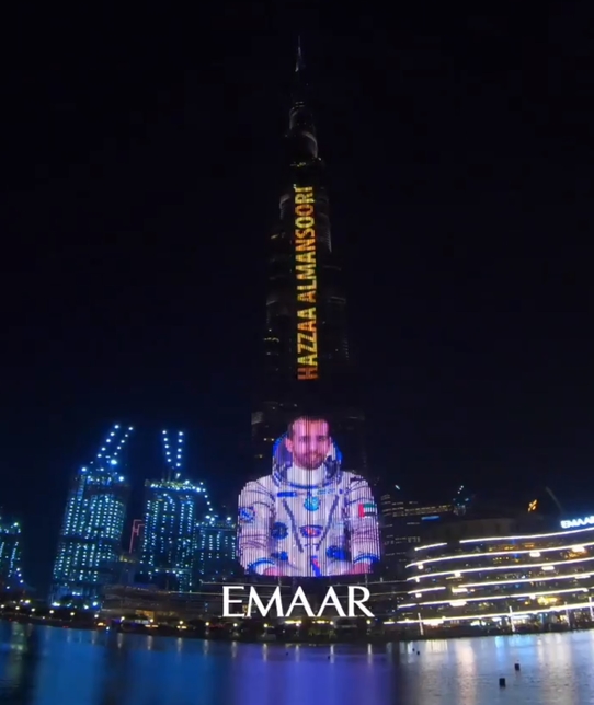 Burj Khalifa lit up for Hazza Al Mansoori. Burj Khalifa lit up for Hazza Al Mansoori.